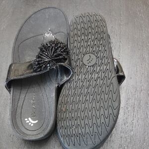 BareTraps Black Slide Sandals with Pom Pom Accent